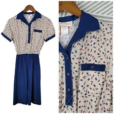 Vintage 70/80s Shirt Dress size 6/8 Fit Flare Navy Waitress Work Stranger Things