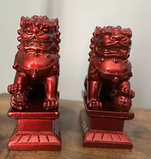 Chinese Feng Shui Figurines Chinese Fu Dog Figurines (Pair) - Red Maroon Finish