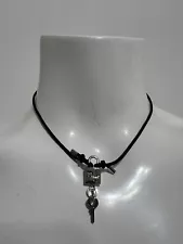 Vtg Christian Dior by John Galliano Black Leather Padlock Choker Necklace