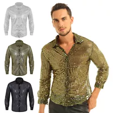 Mens 70s Disco Dance Costume Shiny Sequins Shirts Long Sleeve Button Down Shirts