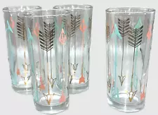 Set Vtg Barware - Drinking Glasses Pink - Turquoise - Gold ARROW Tumblers Atomic