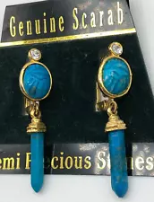 SCARAB PIERCED EARRINGS Genuine STONE Turquoise Egyptian Revival Jewelry Scarabs