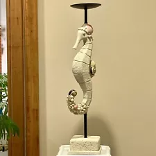 Seahorse Candle Holder Statue 20” Sand Pink Shell Ocean Beach Nautical Marine