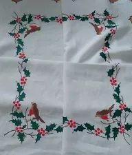 Vintage Robin/bird/Christmas Embroidered Tablecloth. 41x41 Inches