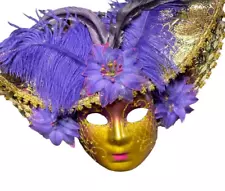 Masquerade Mask Hat & Purple Feather GOLD FACE Costume Halloween Mardi Gras