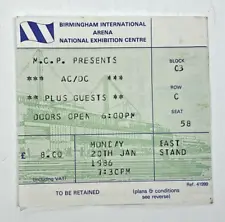 AC/DC TICKET STUB Monday 20th Jan 1986 Birmingham NEC + Arena Suite Card *DW