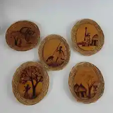 African Wood Burning Art Wood & Wicker Folk Art Wall Decor Set of 5