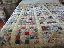 Yo-Yo Quilt 66" x 68" Floral Fabrics Pale Yellow Squares Excellent Condition #1