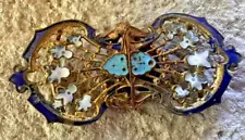 Antique VICTORIAN Brass Blue & Whie ENAMEL Authentic Vintage Belt Buckle *SALE*