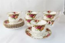 6- Royal Albert Old Country Rose Pattern Porcelain Footed Tea Cups & Saucers