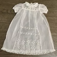 Vintage Christening Gown Long & Sheer With Embroidered & Lace Trim Size 0-6M