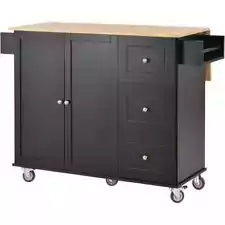 Brown Solid Wood Top 52.7in. Black Kitchen Island W/Drop Leaf Breakfast Bar