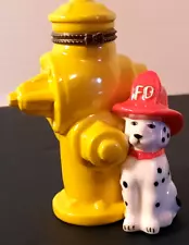 Dalmatian Dog Fire Hydrant Hinged Trinket Box with Axe Porcelain