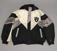 VTG 90s Pro Player Oakland Raiders Puffer Zip Jacket XXL Spellout Logo Hooded