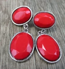 Red Silvertone Pierced Dangle EARRINGS *SALE $1 Ship