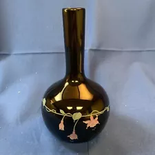 Russ Berrie & Co. Inc. Black 6 1/2” Vase W/ Pink Flowers & Green Leaves