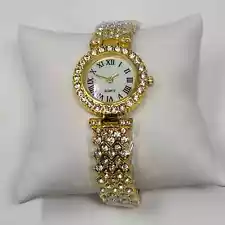 Fashion Watch Gold Tone Clear Rhinestone Pave Faux Mother Of Pearl Face Works