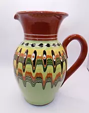 Bulgarian Troyan Pottery Peacock Eye Pitcher Terracotta Green Glaze 8.5"