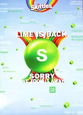 SKITTLES CANDY AD #17 MAGAZINE promo AD 2022 LIME IS BACK, SORRY WE TOOK IT AWAY