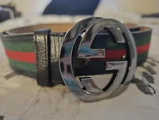 Authentic Gucci Web Green/Red Canvas Silver Interlocking G Buckle Belt 110/44