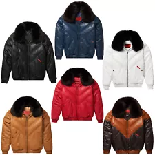 Men Leather V-Bomber Jacket Puffer Fox Fur Double Goose Lambskin Zipper Coat UK