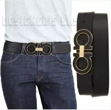 SALVATORE FERRAGAMO adustable 115 leather Black/Gold GANCINI Logo belt NWT Auth