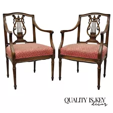 Antique French Louis XVI Style Harp Lyre Back Italian Mahogany Arm Chairs - Pair