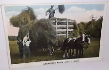 Greetings From AKRON MI Michigan Postcard Farm Workers Hay Wagon & Horses