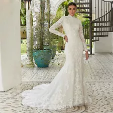 Elegant High Neck Long Sleeves Appliques Button Back Lace Mermaid Wedding Dress