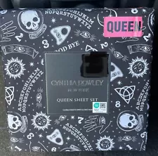 Cynthia Rowley Black Queen Sheet Set Stars Moon Skull Ouija Board Halloween NEW