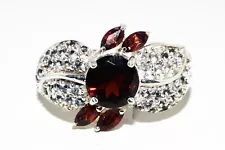 New Listing.925 STERLING SILVER 3.45CT NATURAL RED GARNET & WHITE TOPAZ COCKTAIL RING