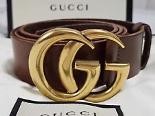 Brown Leather Gucci Belt 1.5" Width Gold GG 90cm 30/32 Unisex