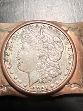 1921 Morgan Silver Dollar Inlay In Copper Belt Buckle Vintage