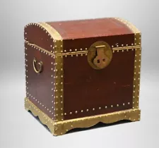 Vintage Large Wooden Treasure Chest Storage Trunk - Brass Accents 15"Hx15"Wx13"D