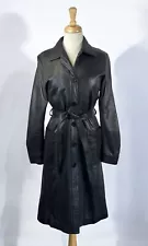 Black Leather Long Trench Coat Belted Waist Tie 90s Y2K Punk Rock Glam Grunge M