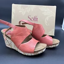 Sofft Corrina Mango Coral Embroidered Flowers Cork Wedge Sandals Size 9