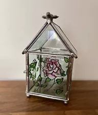 Vintage Glass Terrarium Hand Painted Roses Table Top With Door 7.5” Tall Heavy