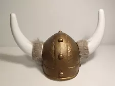 Plastic Viking Helmet Halloween Costume Party Hat Gold White W/ Horns & Fur