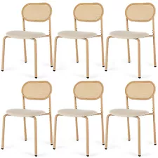 Set of 6 Boho Dining Chairs with Rattan Back,Upholstered Seat,Metal Legs Kitchen