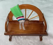 Dollhouse Wagon Wheel Wood Bench W/ Draped Green Blue Pink Mexican Blanket Mini