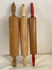 Antquie Vintage 17" Solid Wood Wooden Rolling Pins with Red Wood Handles Lot 3