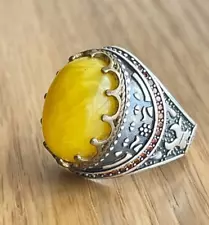 Ring Turkish Sterling Silver 925 Stone Yellow For Men's Jewelry Size 10