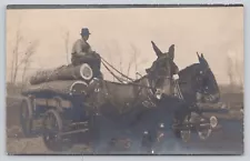 Postcard RPPC Lumber Logs Horse Mules Drawn Reigns Carriage Occupational I5