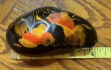 Hand Painted Orange Koi Fish On Black Rock Stone Glossy Japanese Paper Weight