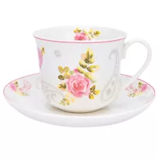 Rose Garden Porcelain Teacup and Saucer Set Bone China Jumbo Tea Cup 13.5 fl oz