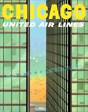 Chicago illinois 1950 UAL Travel Vintage Poster Print Wall Decor Air Travel Art