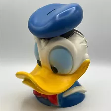 Donald Duck 10" Large Head Plastic Piggy Coin Bank w/ Stopper Walt Disney 1970s