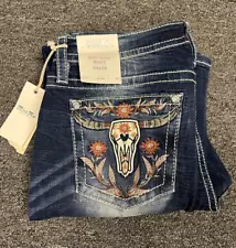 MISS ME NWT Sang Real Mid Rise Boot Jeans Denim Rhinestone Steer Horns 34 x 34