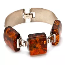 925 Solid Pure Sterling Silver Honey Baltic Amber Large Beautiful Bracelet 7 in