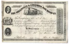 RARE! CIVIL WAR Confederate SC. 1863 “Greenville & Columbia Railroad Co.” Cert.